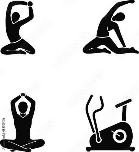 Collection of fitness and yoga silhouettes featuring stretching poses, meditation, a stationary exercise bike, and an elliptical trainer machine icon.