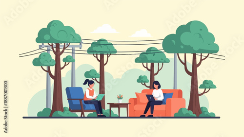 Two women work on laptops outdoors near trees and power lines