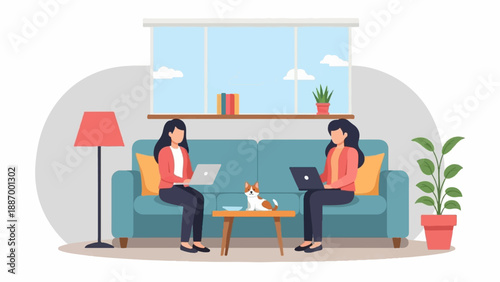 Two women work on laptops on a couch with a dog nearby