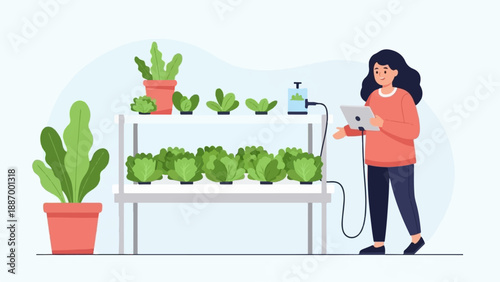 Woman monitoring hydroponic growth system with tablet