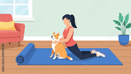 Woman and dog doing yoga on a mat in a living room