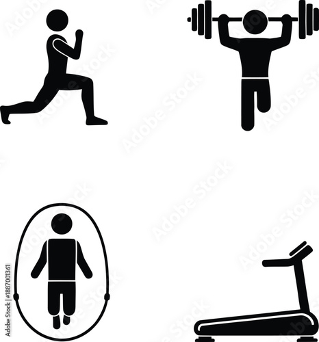 Collection of fitness training stickman icons featuring lunges, heavy barbell lifting, jump rope skipping, and a treadmill for gym and cardio workout.