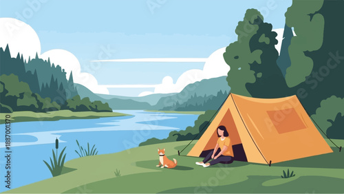 Woman and dog enjoy camping by a serene river surrounded by lush greenery