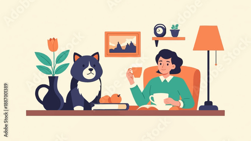 Woman and dog enjoying drinks with books and art in cozy room