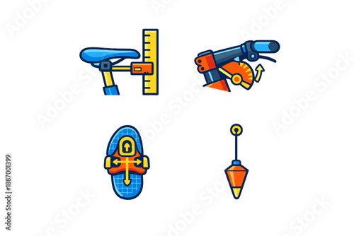 Tools for measurement and construction are shown in a simple design with a ruler, a saw, a chair seat, and a plumb bob in different positions