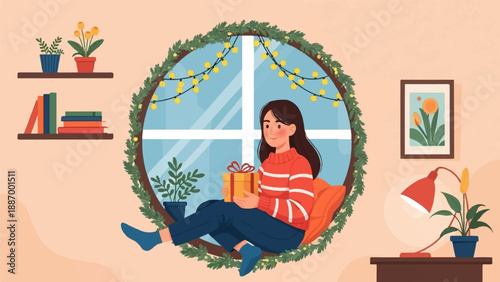 Young woman sits by window with gift, cozy interior decor