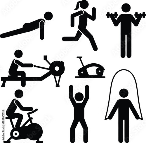Collection of fitness and cardio training stickman icons including rowing machine, stationary bike, treadmill running, skipping, and weightlifting.