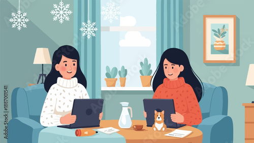 Two young women working on laptops at home on a cozy winter day