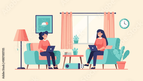 Two women work on laptops in a living room with modern furniture