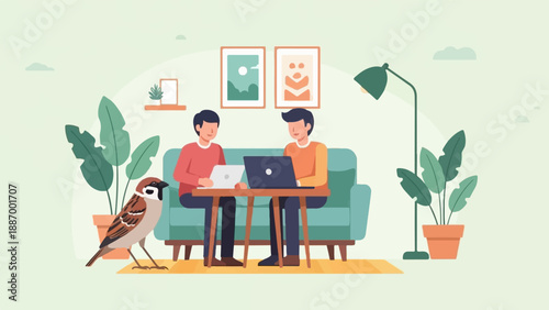 Two young men sit on a sofa using laptops, with a sparrow nearby