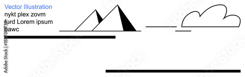 Abstract design, minimalistic art, geometry, desert concepts, creative spaces, digital media. Triangular pyramids, a cloud and straight lines in a unique composition. Abstract design