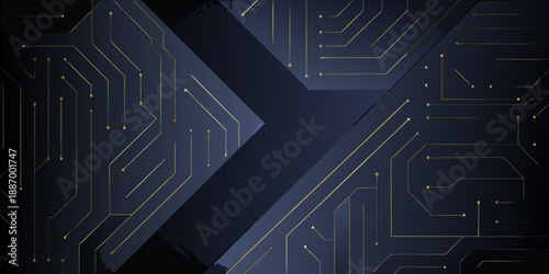Abstract technology background with golden circuit lines and a dark blue gradient