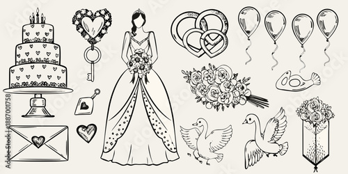 Elegant wedding elements cake bride hearts rings and other celebratory symbols