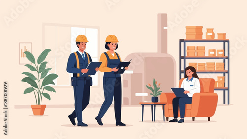 Two workers inspect a clipboard next to a woman seated in an armchair