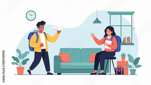 Young students with backpacks ready for school launch paper airplanes