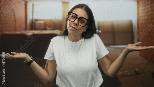 Photos Woman in white t shirt shrugging with palms up showing hands inside building wearing tortoiseshell glasses and smartwatch; uncertainty doubt