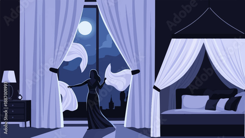 Woman opens curtains to moonlit cityscape from a luxurious bedroom