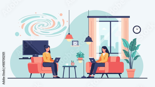 Two women work on laptops in a cozy living room with plants and a galaxy-like art