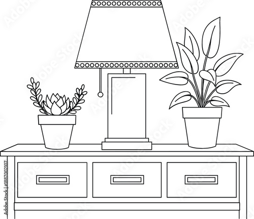 Minimalist tabletop decor line art featuring table lamp and potted plants on wooden dresser for home interior design vector illustration