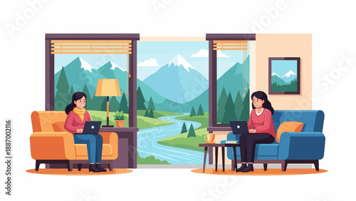 Two women work on laptops in a cozy living room with a scenic mountain view