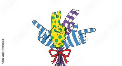 Colorful illustration of hands forming a bouquet with a red bow.