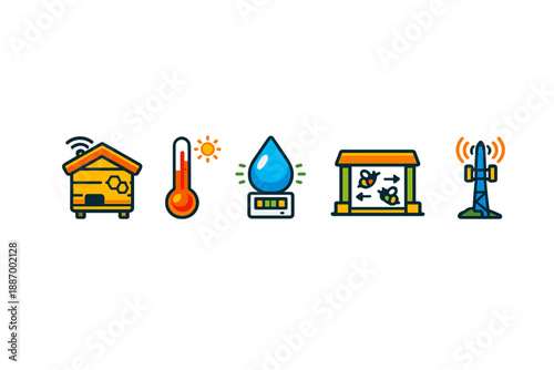 Icons show different environmental factors such as temperature, water, and location for managing beehives in farming and agriculture settings during the day