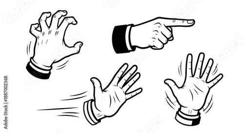 Hand gestures illustration set with pointing and waving hands.