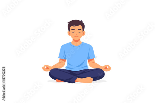 Man sits in a cross-legged position, practicing meditation in a simple setting during daytime, focusing on breathing and mindfulness