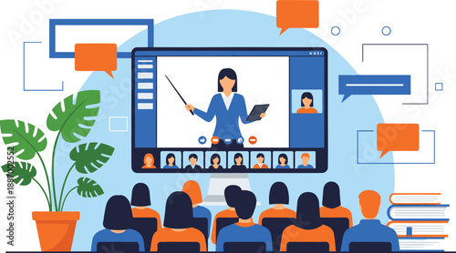 Online education webinar with teacher presenting on screen to students during virtual classroom distance learning flat vector illustration
