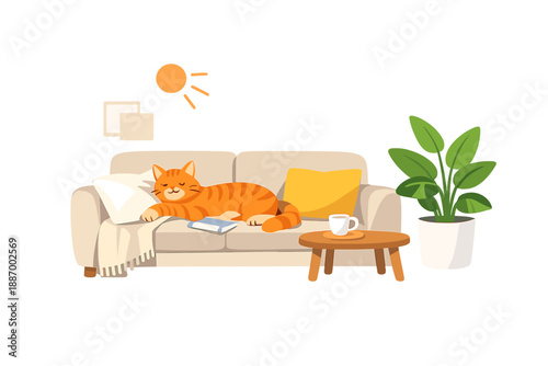 Cat rests on a sofa in a living room with sunlight, a plant, and a cup of coffee at midday, showcasing a cozy home environment with comfort elements