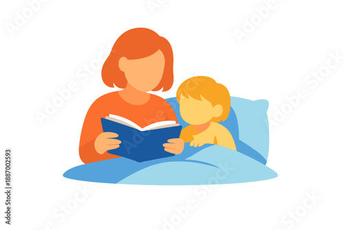 Parent reads a bedtime story to child while they sit together under covers in a cozy setting