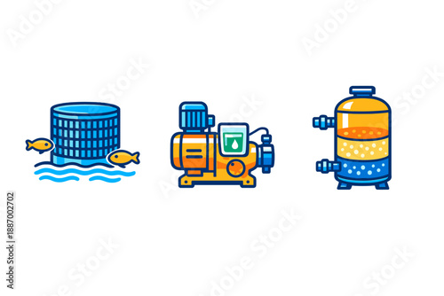 Illustration of a fish pond, a water pump, and a filtration system showing the process of water management in an aquaculture setting