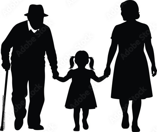 Black silhouettes of a young girl walking and holding hands with her grandparents for family bonding and senior lifestyle concepts