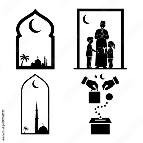 Eid ul Fitr icon set with charity donation box family greeting at doorway and mosque silhouette