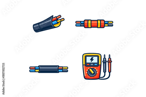 Wires and electrical tools arranged on a plain background for display, showing various types of cables and a multimeter for measuring electrical properties