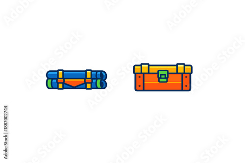Graphic design showing rolled blue fabric and an orange toolbox on a white background for storage and organization purposes