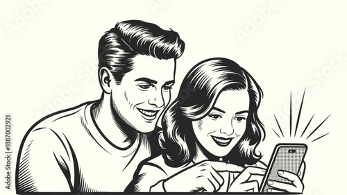couple interacting with smartphone together, vector illustration showing shared digital experience, mobile communication, social media use, online browsing, and modern technology lifestyle concepts.