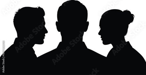 Silhouette of three individuals with central figure facing forward, human interaction and posture theme illustration, transparent background graphic