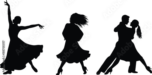 Silhouettes of solo and couple dancers in flowing motion and elegant poses for dance, romance, movement, and vector design content
