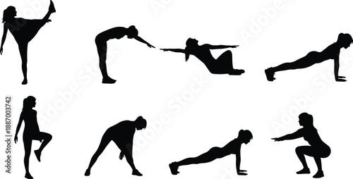 Silhouettes of eight exercise poses including squats, planks, kicks, and stretches for fitness, workout, motion, and vector design content