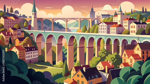 Very beautiful view of the Passerelle Bridge viaduct in Luxembourg, showcasing elegant stone arches spanning the valley and connecting historic city quarters with architectural grace.
