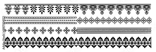 Black lace border pattern with intricate filigree detailing, designed as a decorative element for textiles or paper, laid out in repeating motif.
