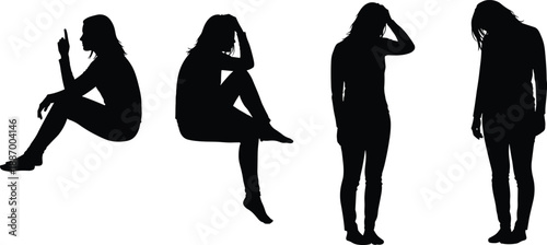 Silhouettes of person in seated and standing contemplative poses, emotional distress and body language theme illustration, transparent background graphic