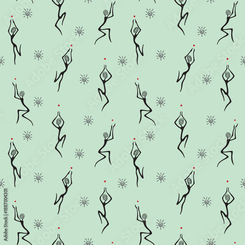 Sage Green Ethnic Tribal Dance and Shamanism Seamless Pattern