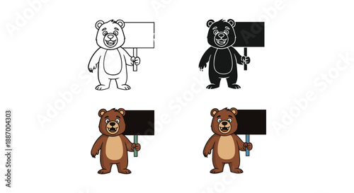 Cartoon bear holding signboard in different colors
