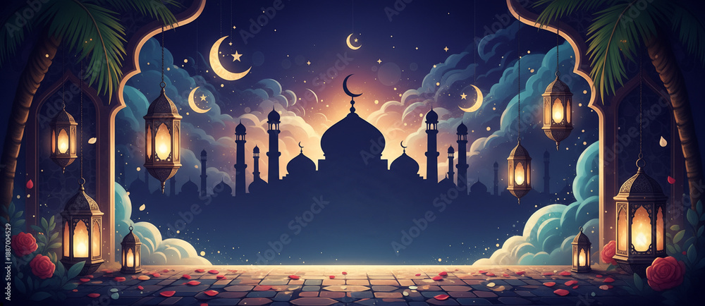 Obraz premium Enchanting Digital Illustration of a Ramadan Night with Mosque Silhouette, Crescent Moons, and Glowing Lanterns