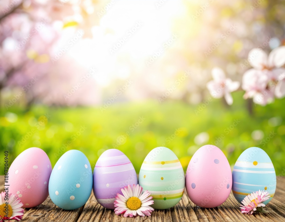 Fototapeta premium Colorful Easter Eggs on Wooden Surface with Flower Background