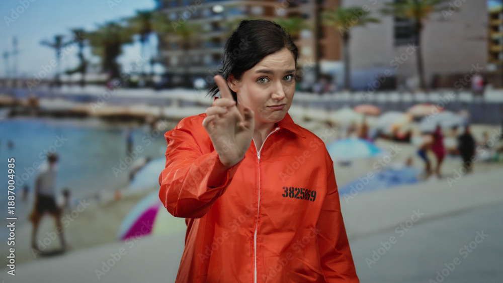 Fototapeta premium Woman in bright orange prison jumpsuit at the beach, waving with a playful expression under sunny skies.