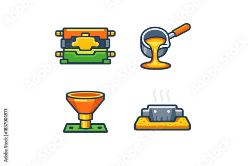 Metal casting tools and processes shown together in a clear and simple layout focusing on manufacturing techniques and equipment used in casting