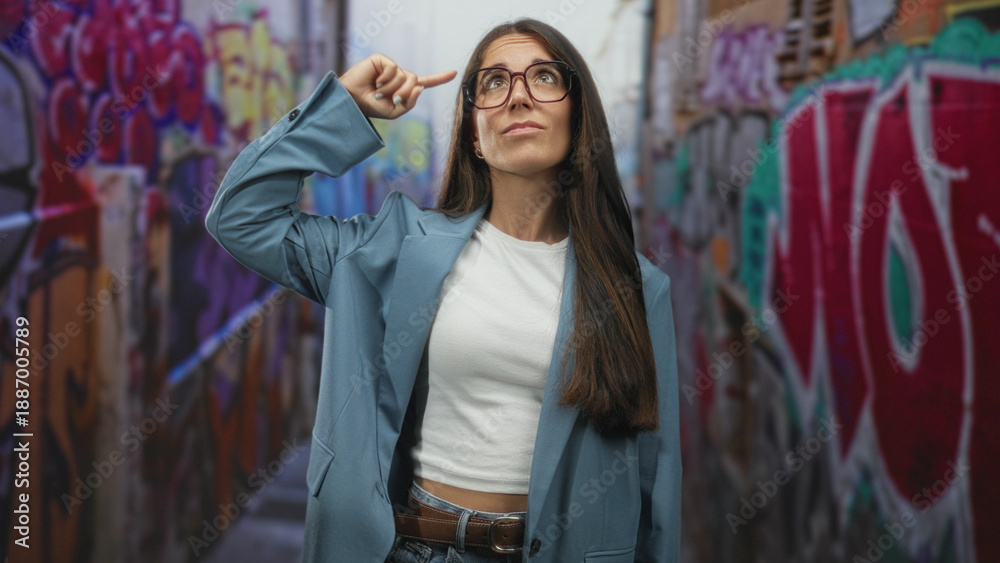 Naklejka premium Woman with glasses points finger to temple in street alley with colorful graffiti walls; thoughtful curiosity.